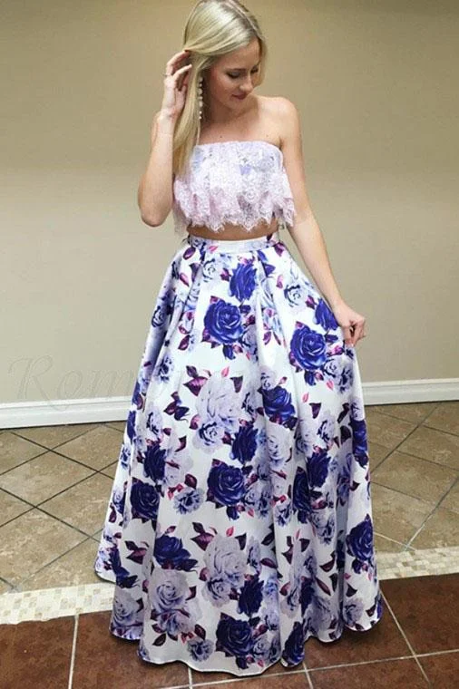 Two Piece Strapless Floor-Length Floral Printed Prom Dress with Lace Top DMQ97 Tunics Hiking breathable
