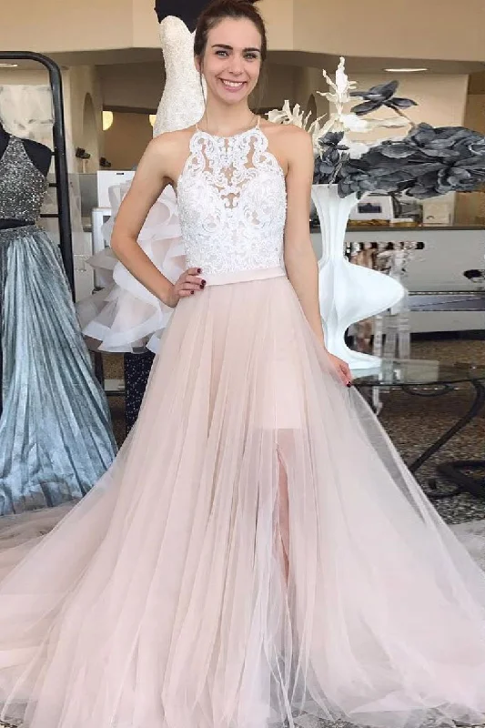 Pearl Pink Tulle A Line Lace Top Long Sleeveless Prom Dresses DMQ2 Tunics Sophisticated sleek