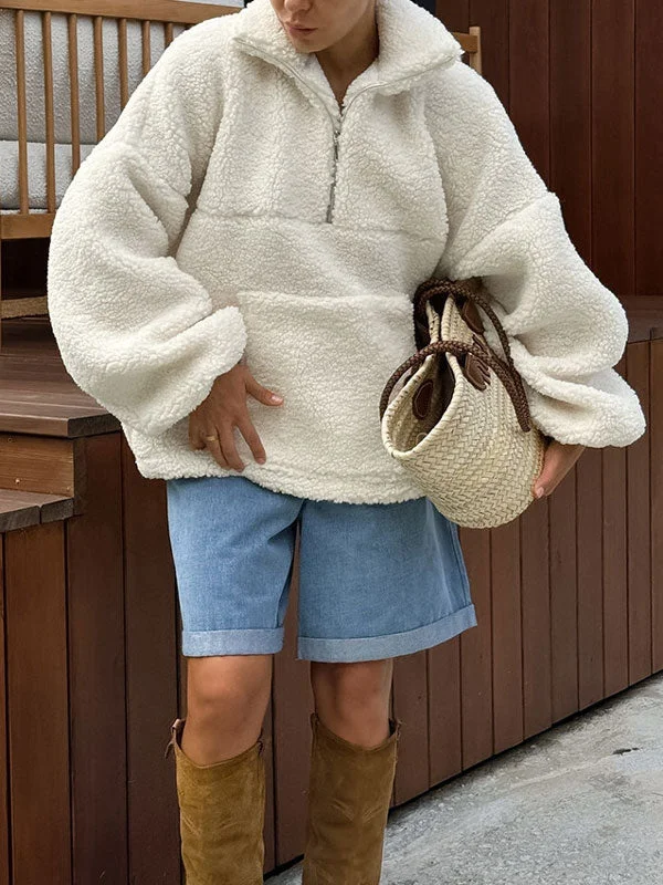 Half Zipper Drop Shoulder Fleece Sweatshirt Hoodie with Hem Patch Decorative Personalized