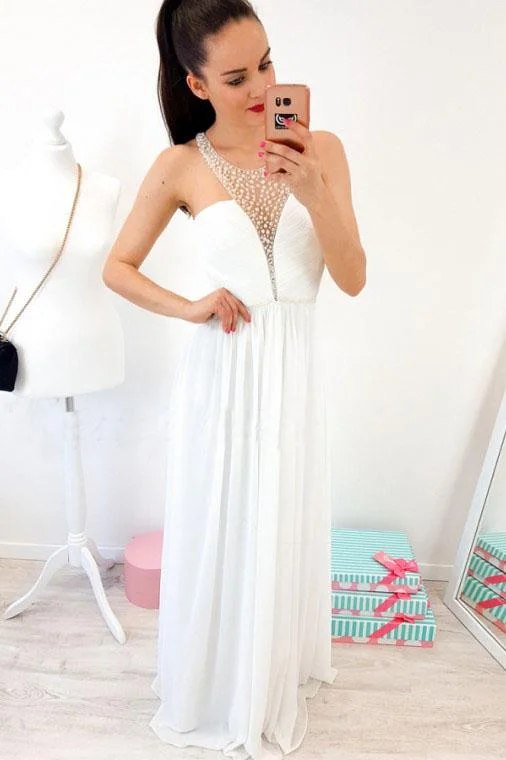 A-Line Crew Floor-Length White Chiffon Prom Dress with Pearls DMR5 Tunics Stylish elegant