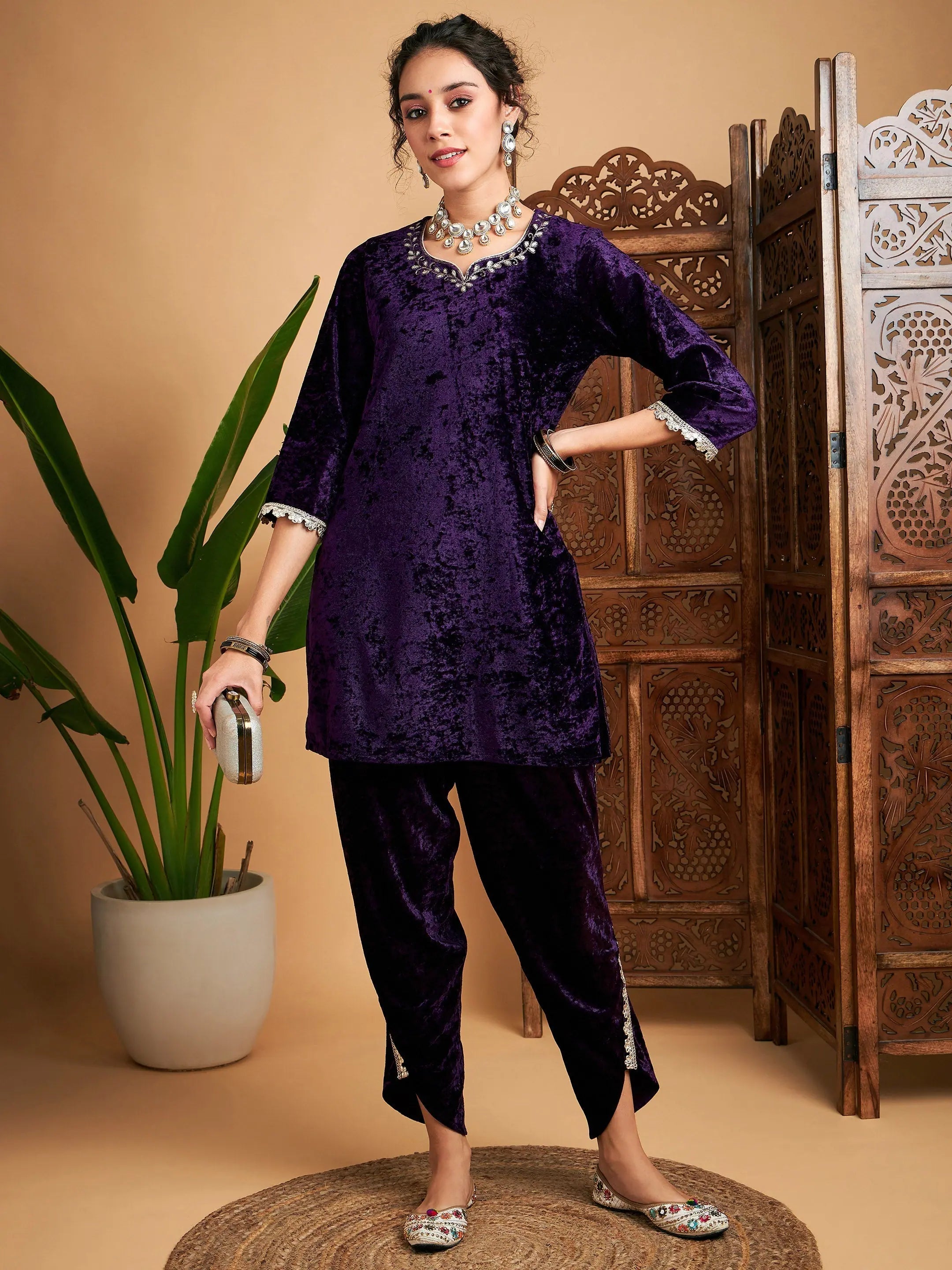 Women Purple Velvet Gota Patti Embroidered Short Kurta With Dhoti Pants Stylish Slim Trousers