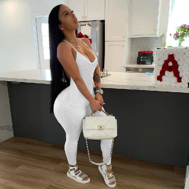 Ribbed Suspenders Backless Slim Fit Jumpsuit（CL11829） Lightweight jumpsuit, Comfortable, Relaxed, Fashionable