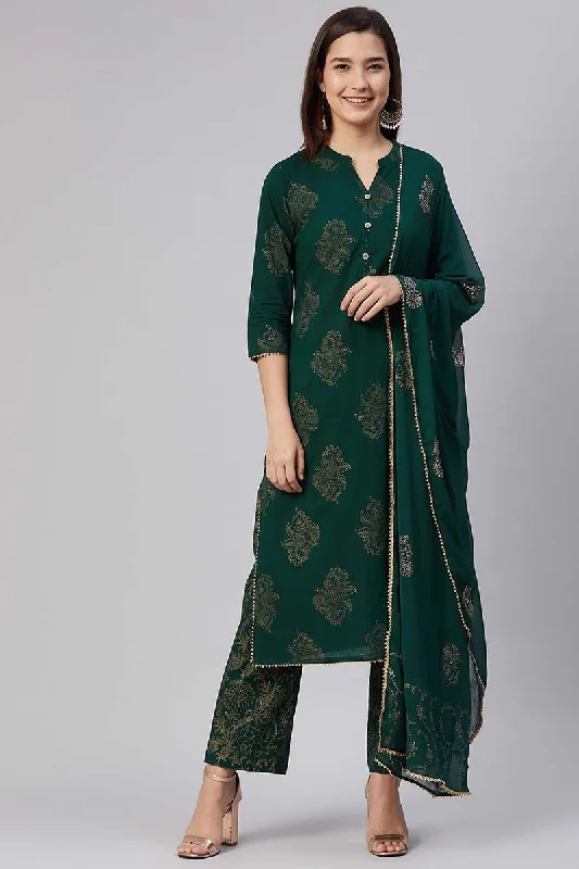 Cotton Green Ethnic Motifs Printed Straight Kurta Pant Dupatta Set