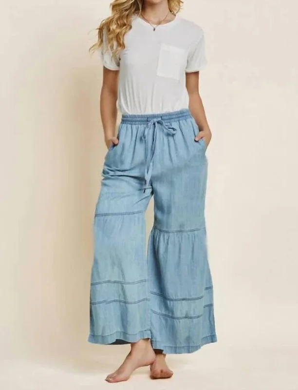Alys Tiered Wide Leg Pants In Blue Elegant Silk Pants