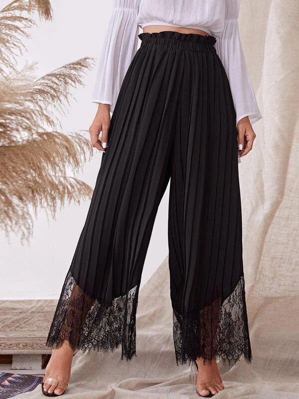 Paperbag Waist Eyelash Lace Hem Pleated Pants Fashionable Tapered Leg Pants