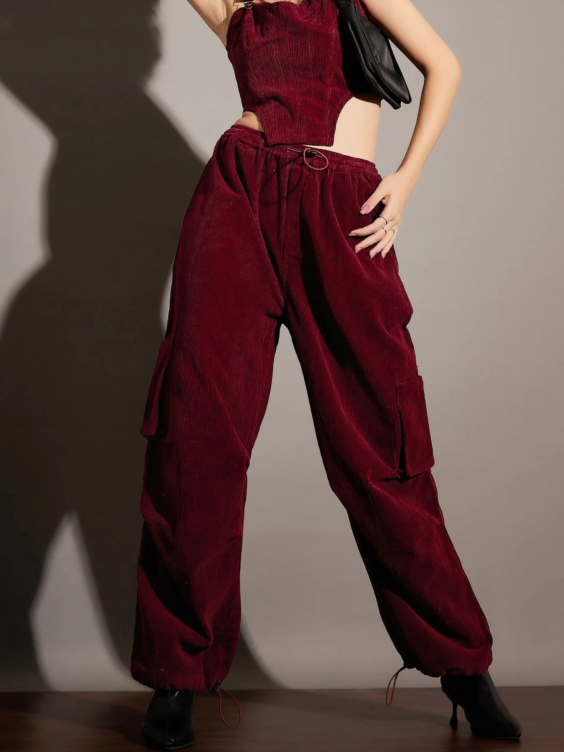 Women Maroon Pleated Knee Corduroy Cargo Pants Stylish Harem Pants