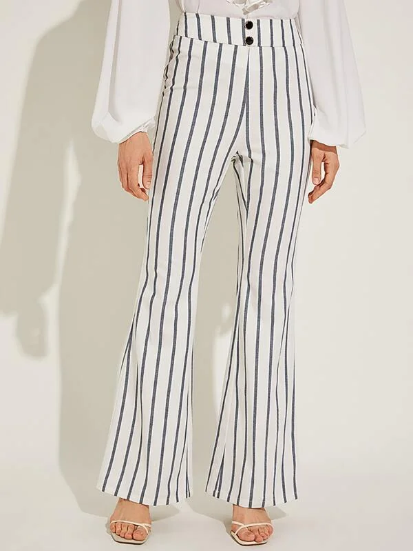 Button Detail Striped Flare Leg Pants Trendy Tapered Pants