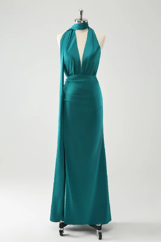 Peacock Sheath V-Neck Backless Wedding Guest Dress with Slit Shift Classic Vintage