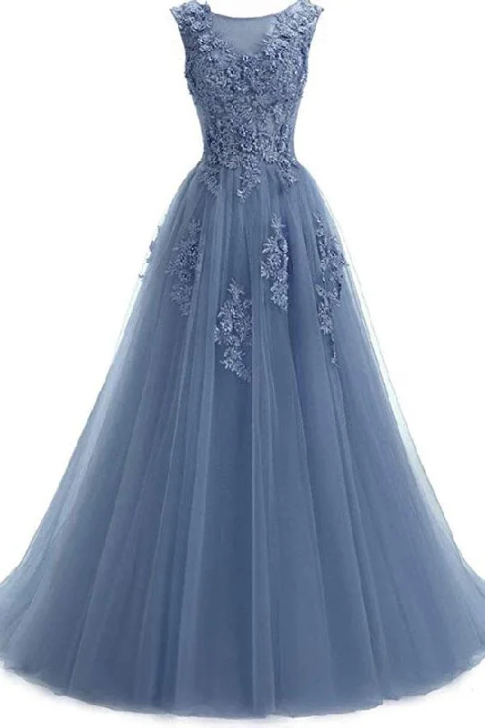 A Line Round Neck Lace Appliques Floor Length Prom Dresses DMR11 Tunics Top rated