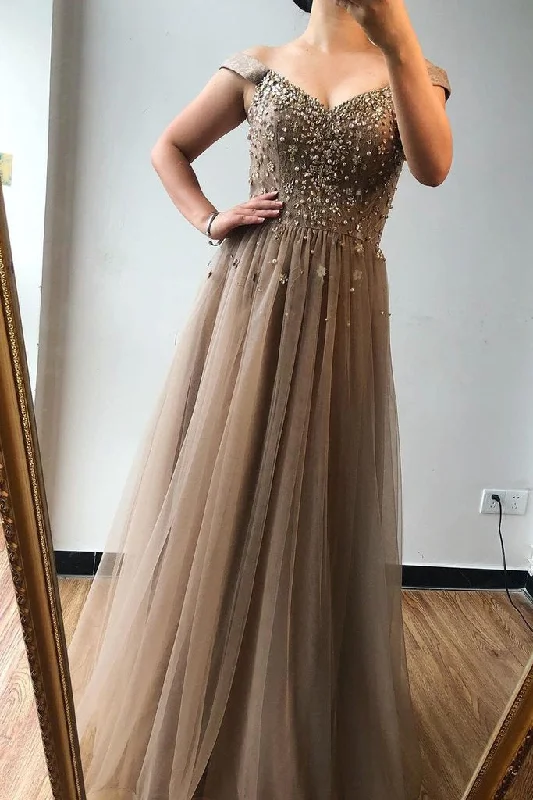 A-line Off-the-shoulder Beaded Long Prom Dresses Brown Evening Gowns DMS72 Tunics Bestseller popular