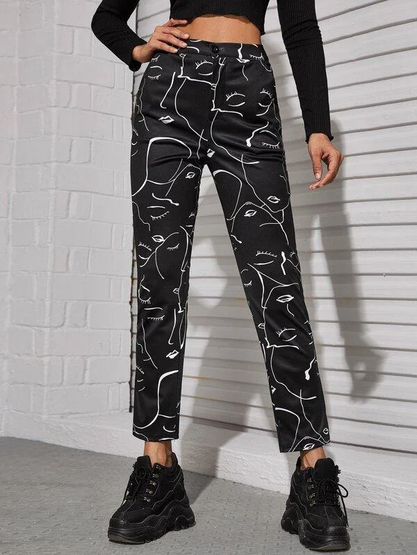 Abstract Figure Print Tapered Pants Cozy Knit Pants