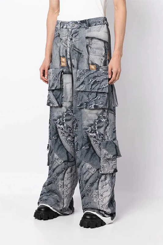 storexq Denim Print Boyish Multi Pocket Pants Warm Wool Trousers