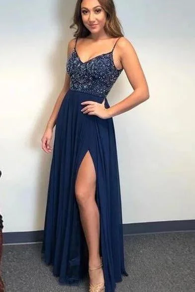 A-line Spaghetti Straps Dark Blue Chiffon Long Prom Dresses Beaded Evening Dress DMS96 Tunics Formal black