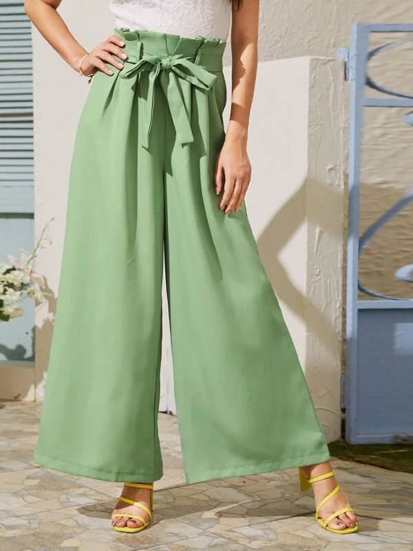 Paper Bag Waist Belted Wide Leg Pants Elegant High-Waist Pants