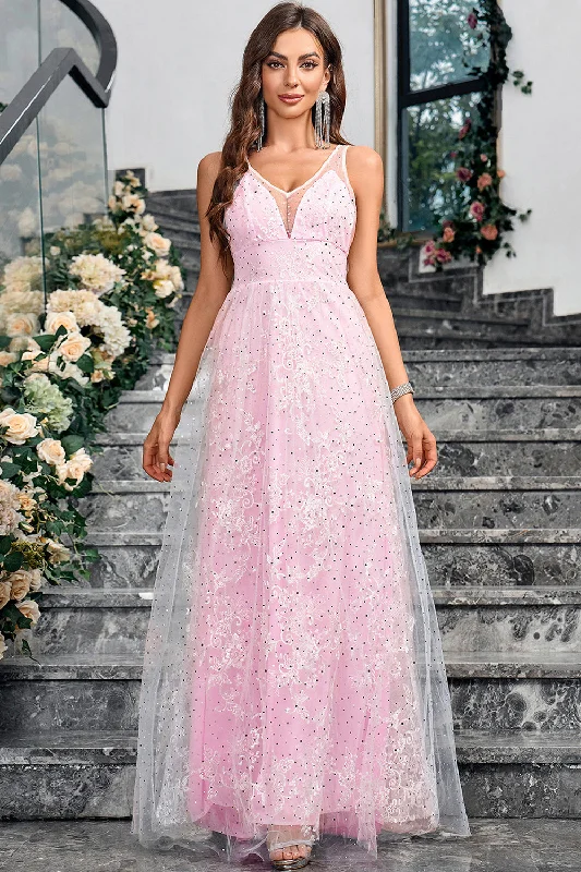Sparkly Pink  A Line V-Neck Prom Dress Tunics Ceremony elegant