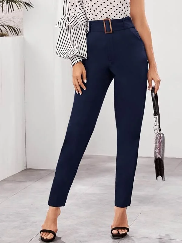 Buckle Belted Slant Pocket Cigarette Pants Chic Checkered Pants