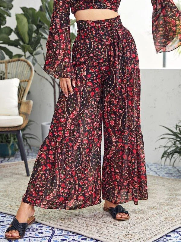 Shirred Tie Waist Floral Chiffon Pants Comfortable Wide-Leg Pants
