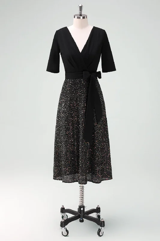 Sparkly Black A-Line Cocktail Dress with Half Sleeves Boatneck Modish Everyday