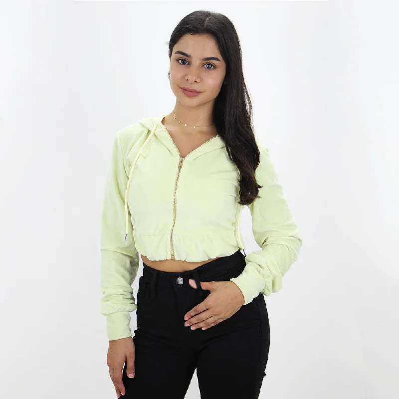 Women's Plain Solid Zipper Fly Crop Hoodie,Light Yellow Hoodie with Bell Sleeves Flared Feminine