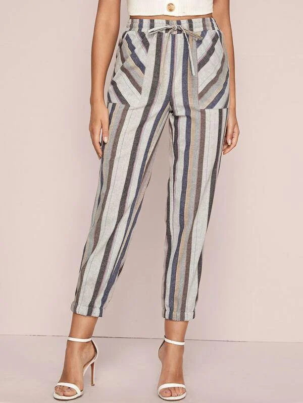 Striped Drawstring Waist Tapered Pants Cozy Fitted Pants
