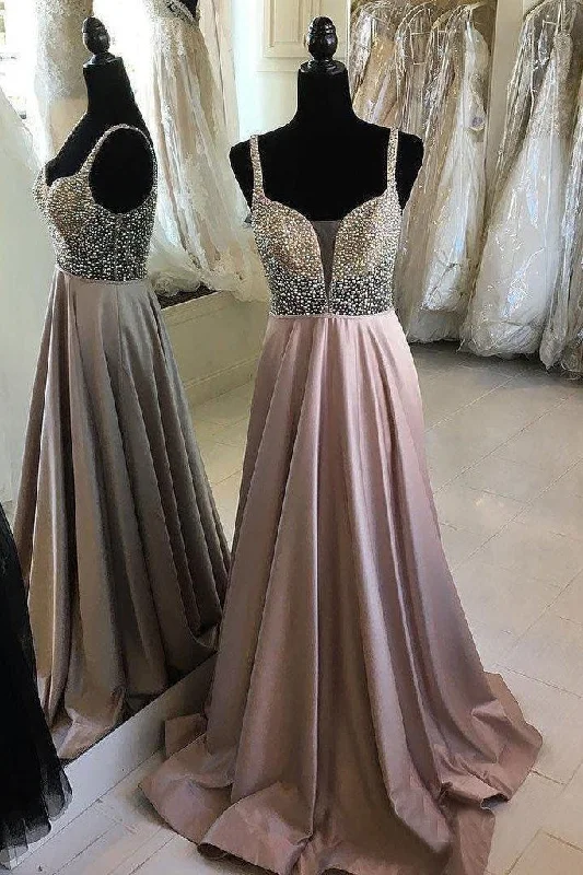 Cheap Beaded Long A Line V-Neck Satin Spaghetti Strap Prom Dresses DMS80 Tunics Practical durable