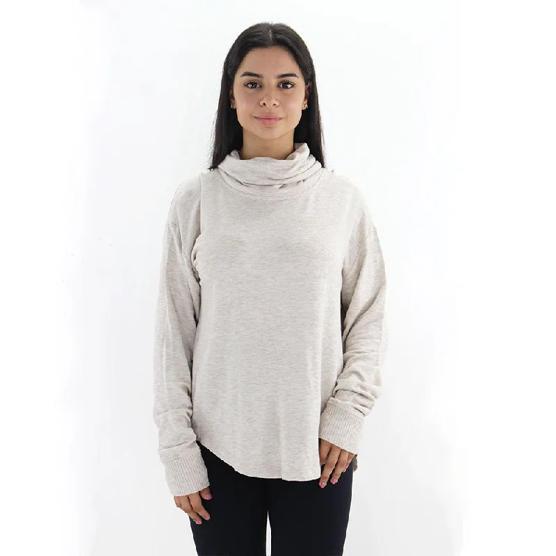 Women's Turte Neck Washed Sweatshirt,Beige Hoodie with Rolled Sleeves Casual Relaxed