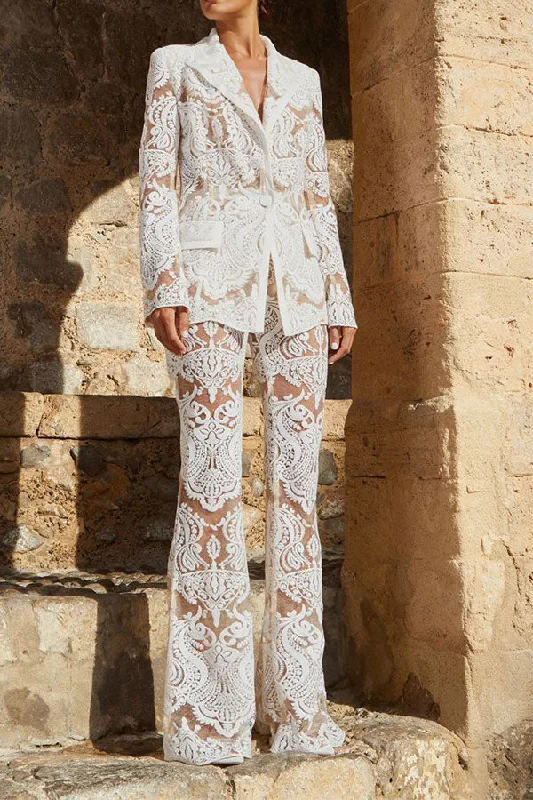 storexq Sequined Decor Glamorous See-Through Lace Pant Suit Comfy Zip-Up Pants