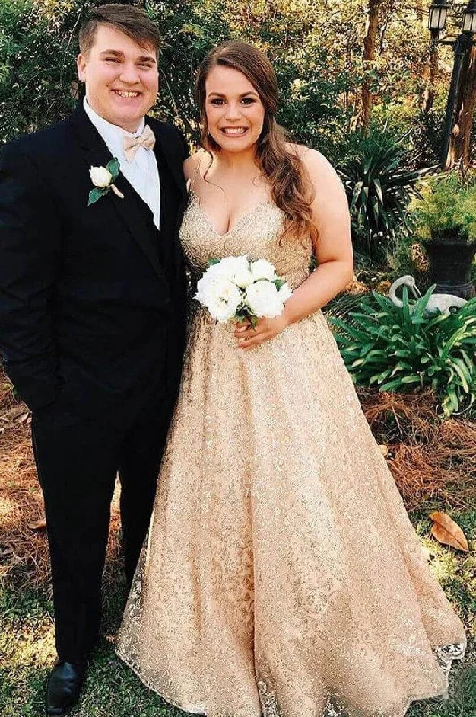 A Line Gold Lace Formal Prom Dresses Long Prom Dresses DMO86 A-Line Day Work