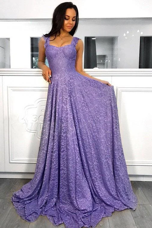 A-Line Straps Sleeveless Sweep Train Lavender Lace Prom Dress DMR8 Tunics Stylish elegant