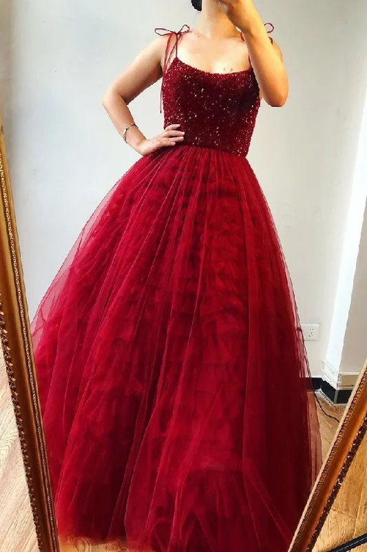 Burgundy Spaghetti Straps Beaded Long Prom Dresses A Line Formal Evening Gowns DMS73 Tunics Versatile stylish