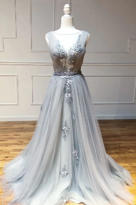 Gray A Line Round Neck Appliques Tulle Long Prom Dress Evening Dress DMQ52 Tunics Satin smooth
