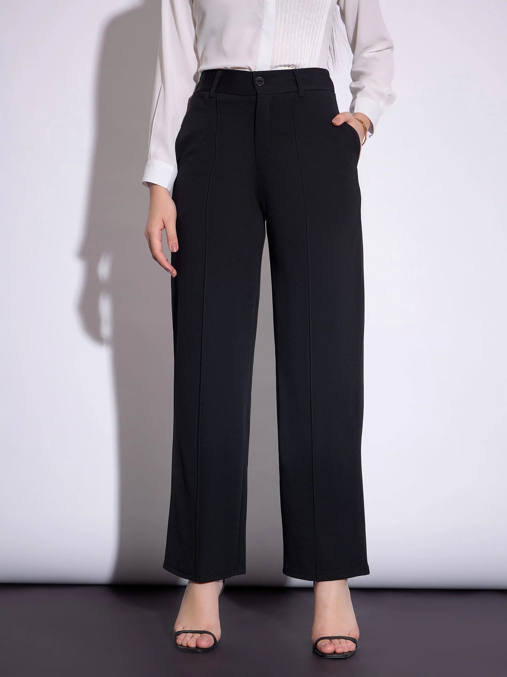 Women Black Front Darted Pants Comfy Zip-Up Pants