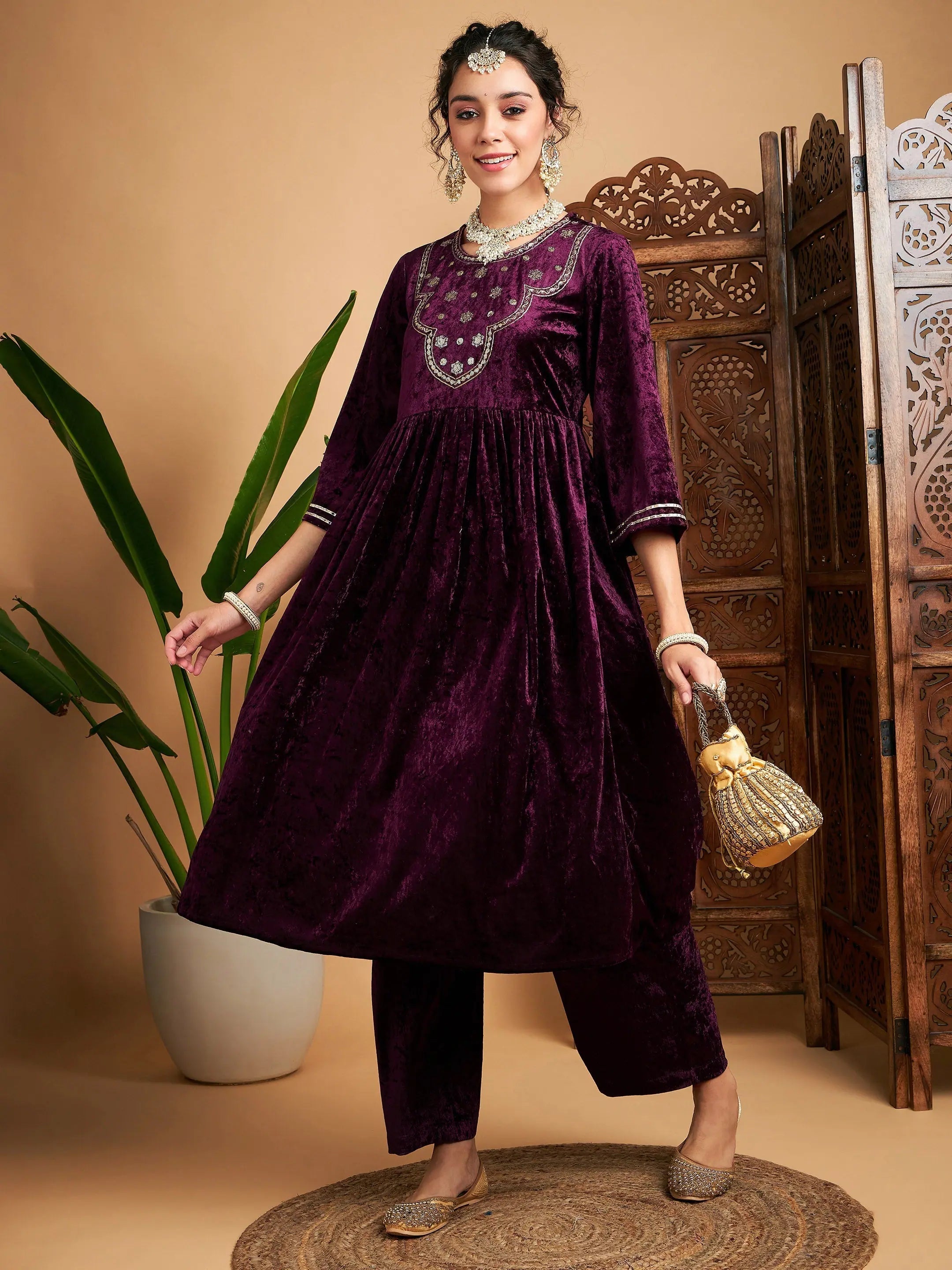 Women Purple Velvet Embroidered Gathered Kurta With Pants Comfortable Jogging Pants