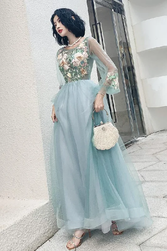 A Line Long Sleeves Round Neck Tulle Floral Appliques Prom Dresses DMQ83 Tunics Seasonal trendy