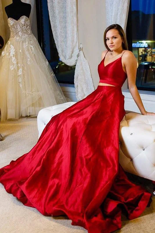 Two Pieces Red Simple Prom Dresses, Long Cheap Evening Dress DMJ84 Tunics Modern contemporary