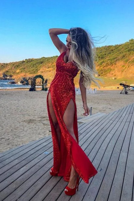 Sheath Spaghetti Straps Backless Red Sequined Prom Dress with Split DMP8 Tunics Practical easy-care