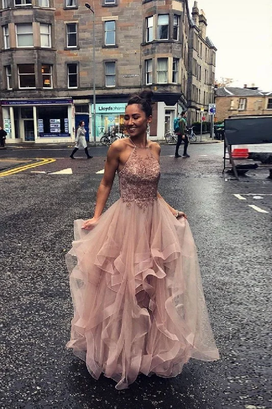 Pink Tulle Lace Appliques Long Prom Dress A Line Evening Gown DMS67 Tunics Vintage classic