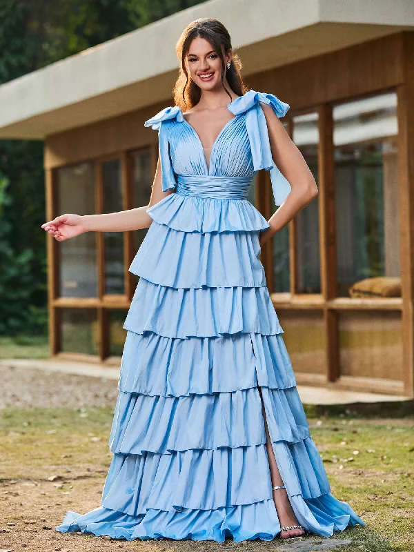A-line Bow Shoulder Tiered Dress with Slit Sky Blue Tunics Fleece cozy