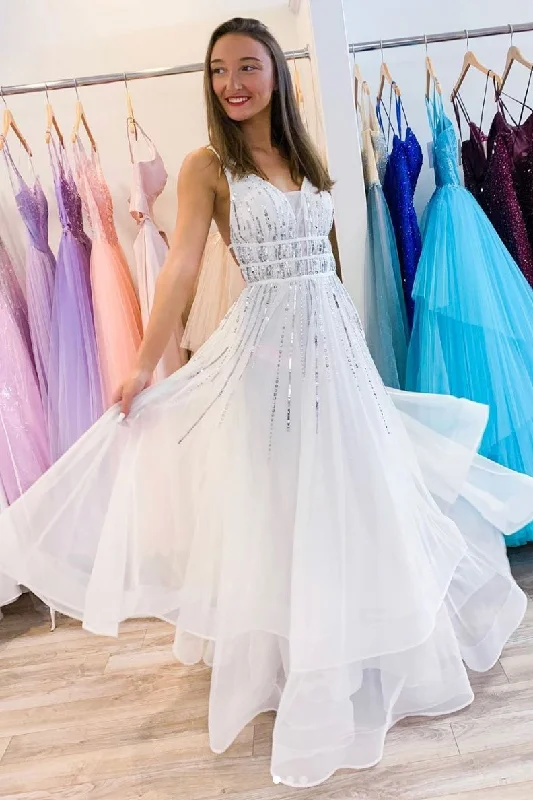 White V neck Tulle Sequina Long Prom Dress A Line Evening Dress DMQ50 Tunics Yoga stretchy