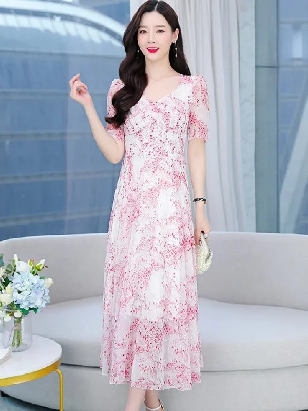 Pink Floral Print Chiffon Long Dress L 414584 Tunics Prom sequined