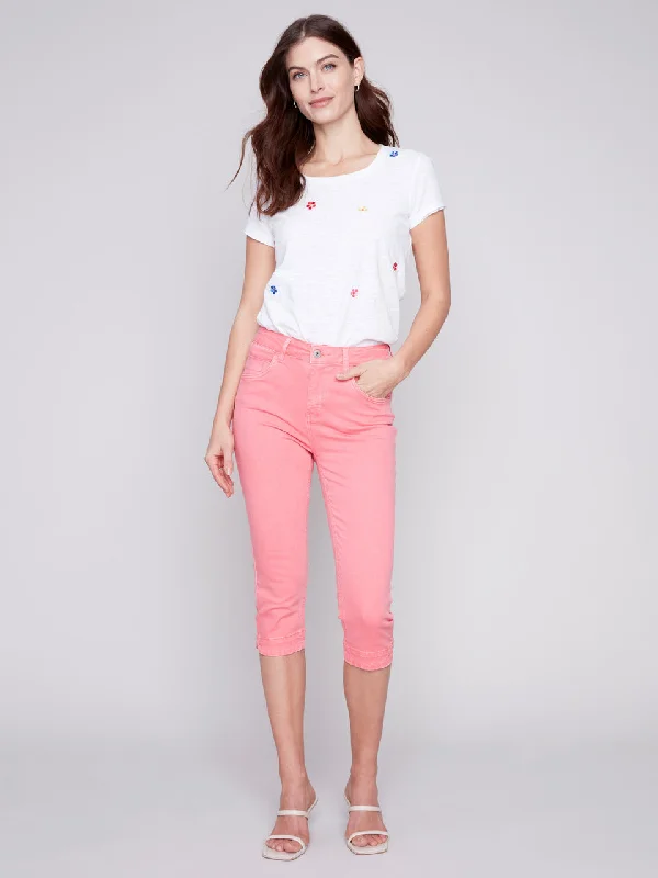 KNEE HIGH CAPRI TWILL PANTS - FLAMINGO Trendy Palazzo Pants