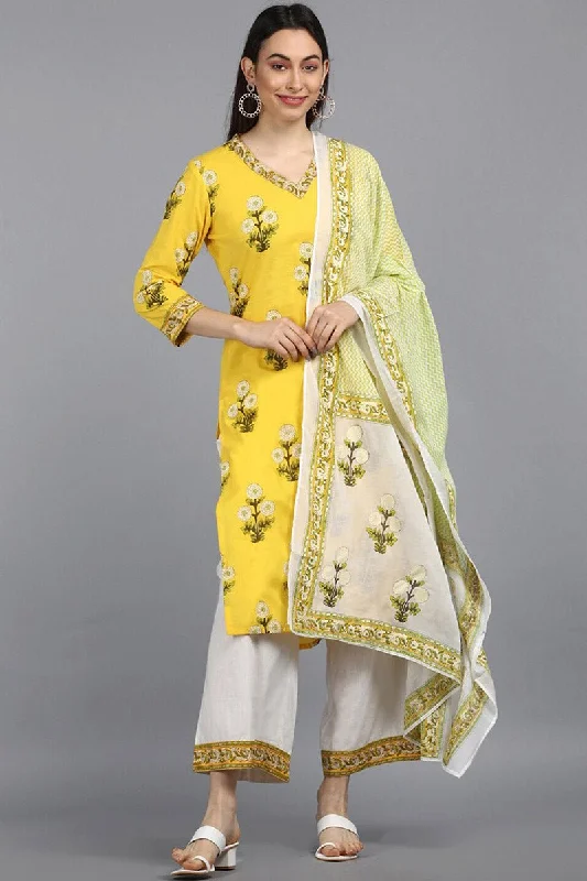 Cotton Yellow Ethnic Motifs Printed Straight Kurta Pant Dupatta Set