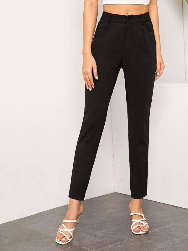 Button Fly Solid Tapered Pants Relaxed High-Waist Trousers
