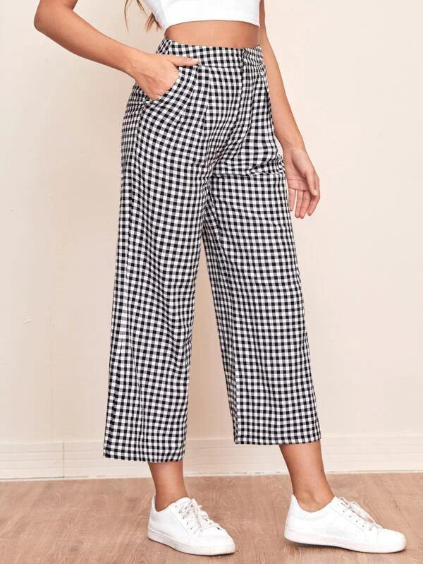 Slant Pocket Gingham Palazzo Pants Casual Sweatpants Style