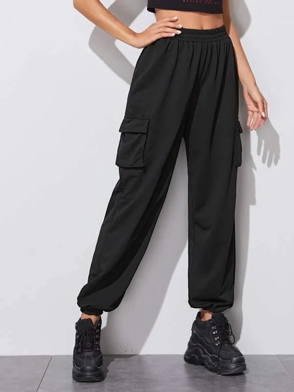 Elastic Waist Flap Pocket Cargo Pants Chic Black Leggings