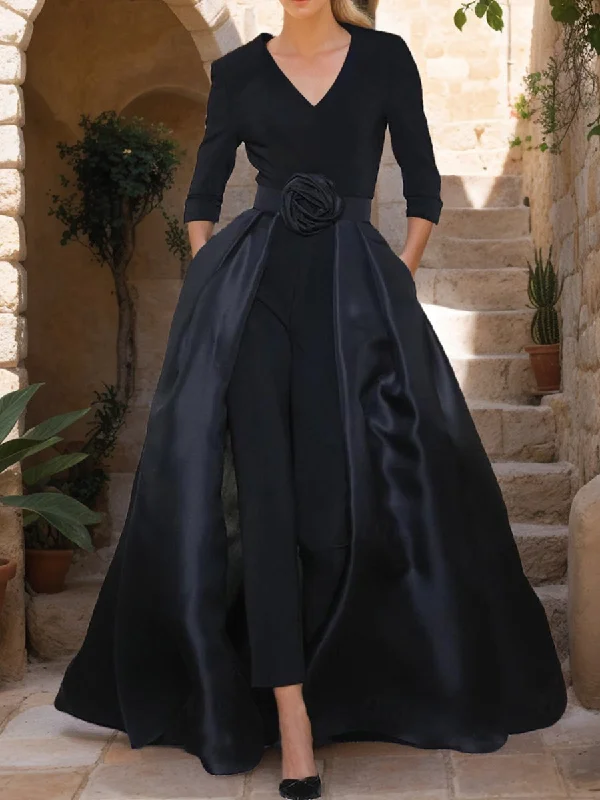 V-Neck 3/4 Sleeves Mother of the Bride Pantsuits with Flower Belt Elegant High-Waist Pants