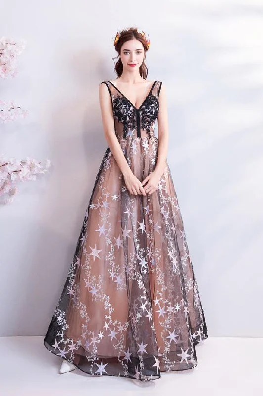 A Line V Neck Appliques Long Prom Dress With Stars Evening Dresses DMQ71 Tunics Stylish elegant