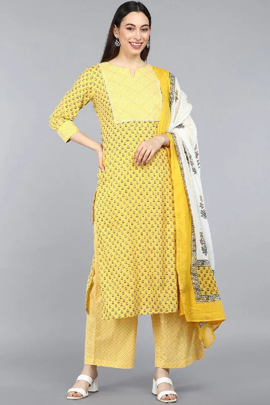 Yellow Cotton Straight Kurta Pant With Dupatta