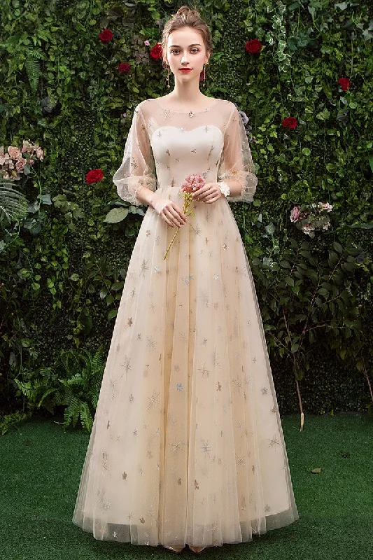 Stunning A Line 3/4 Sleeves Tulle Round Neck Prom Dress Evening Dresses DMQ76 Tunics Fall fleece