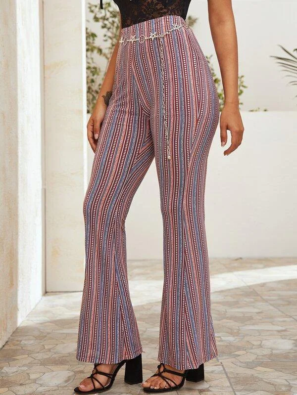 Elastic Waist Tribal Print Flare Leg Pants Without Chain Soft Stretch Pants